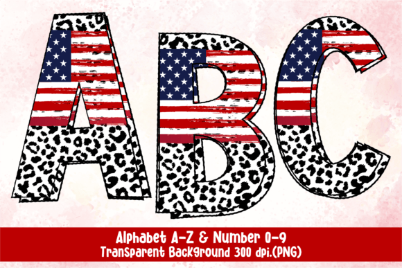 USA Flag Leopard Doodle Fonts and Number for Graphics